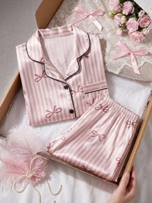 SHEIN 2件組青少年女孩優雅格紋緞面睡衣套裝 秋冬仙女亮片家族款 蝴蝶結印花長袖上衣與條紋長褲居家服 - 粉色 - 查看 9
