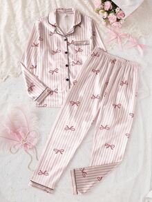 SHEIN 2件組青少年女孩優雅格紋緞面睡衣套裝 秋冬仙女亮片家族款 蝴蝶結印花長袖上衣與條紋長褲居家服 - 粉色 - 查看 3