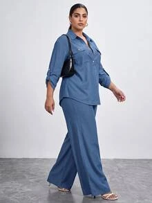 Chikora Plus Size Women Rolled Sleeve Shirt Pants Casual Elegant Traditional Set Fall Brunch Office Business Travel Beach Formal Morning Navy Blue Vacation - Blue - View 1