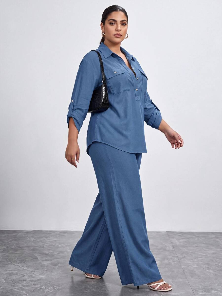 Chikora Plus Size Women Rolled Sleeve Shirt Pants Casual Elegant Traditional Set Fall Brunch Office Business Travel Beach Formal Morning Navy Blue Vacation - Blue - View 1