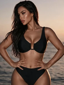 SHEIN Swim 女士两件套沙滩装，夏季新款 U 领带钢圈上衣和高腰比基尼泳裤 - 黑色 - 查看 1