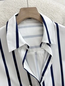 Rosivaux Multicolor Woven Fabric Collar Short Sleeve Blouse With Long Pants Casual Striped Two Piece Set - Multicolor - View 6