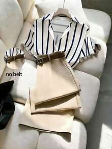 Rosivaux Multicolor Woven Fabric Collar Short Sleeve Blouse With Long Pants Casual Striped Two Piece Set - Multicolor - View 3