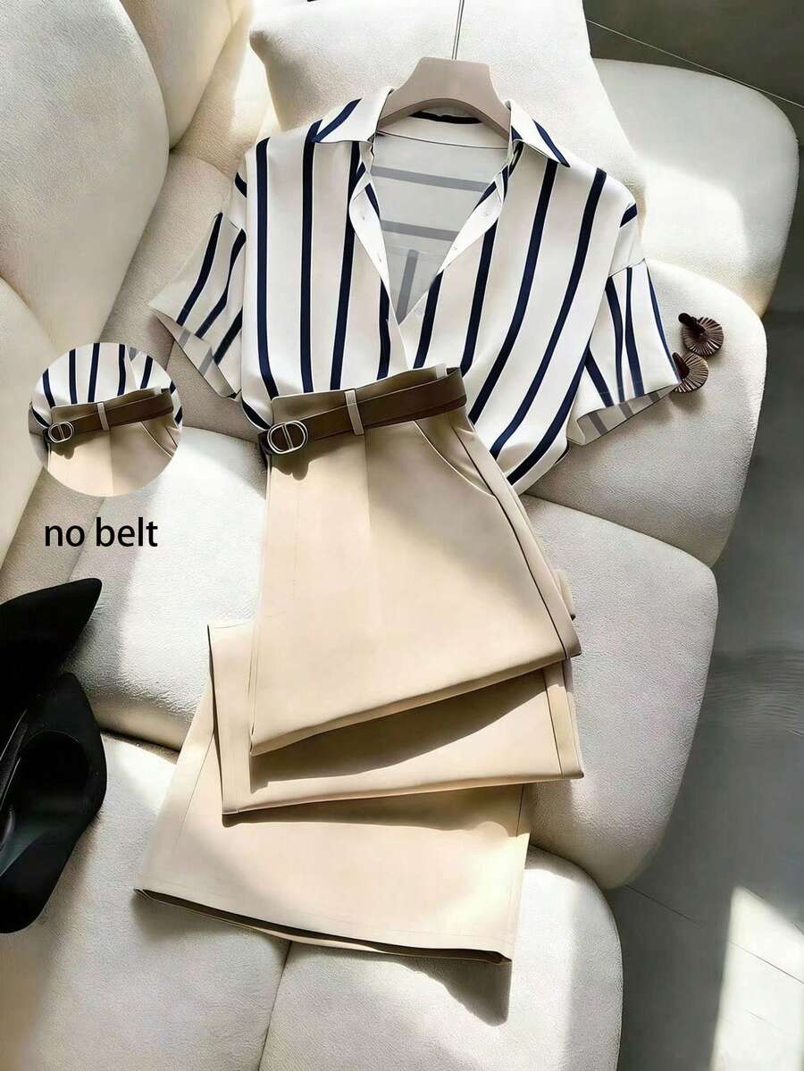 Rosivaux Multicolor Woven Fabric Collar Short Sleeve Blouse With Long Pants Casual Striped Two Piece Set - Multicolor - View 1