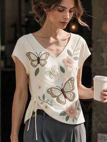 Rosivaux Summer V-Neck Slimming Women's Cap Sleeve Blouse Formal Party White Elegant Casual - Multicolor - View 2