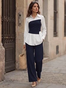 Rosivaux 2pcs Set: Waist Cinching Shirt & Wide Leg Pants, Slimming Design, Lapel Collar - Navy Blue - View 3