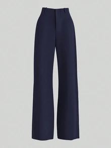 Rosivaux 2pcs Set: Waist Cinching Shirt & Wide Leg Pants, Slimming Design, Lapel Collar - Navy Blue - View 7