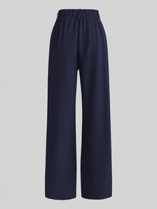 Rosivaux 2pcs Set: Waist Cinching Shirt & Wide Leg Pants, Slimming Design, Lapel Collar - Navy Blue - View 5