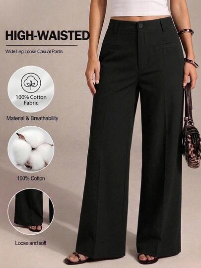 SHEIN PETITE CURVE Große Größen Mode Knopf Lässig Elegant Retro Hose für den täglichen Gebrauch Büro Hauskleidung Schwarz