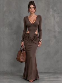 CHARMVALE Sexy Deep V-Neck Long Sleeve Dress With Side Waist Cutout And Ruched Bodycon Skirt, Slimming Midi Dress For Women Party - Brown - View 1