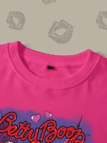 Betty Boop x SHEIN Women's Cartoon Print Long Sleeve Crew Neck Sweatshirt - Pink - View 7