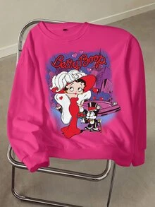 Betty Boop x SHEIN Women's Cartoon Print Long Sleeve Crew Neck Sweatshirt - Pink - View 5