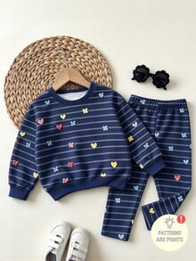 幼童女童 2 件套，海軍藍條紋花卉愛心，圓領運動衫與內搭褲，適合秋冬冬季日常穿著 - 彩色 - 查看 3