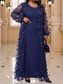 Fleurora Plus Size Women's Solid Color Dress And Applique Robe Casual Elegant Set Fall New Year Christmas Wedding Party Navy Blue - Navy Blue - View 4