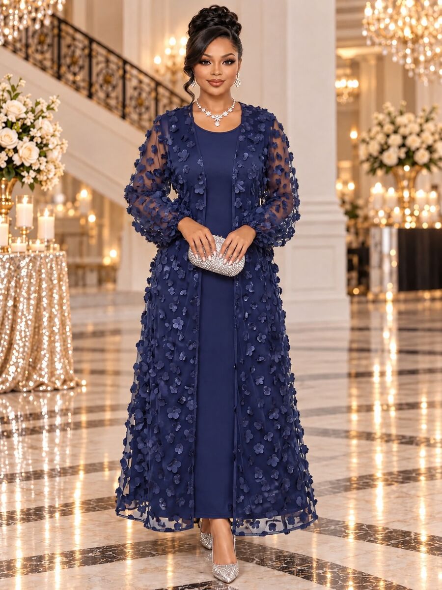 Fleurora Plus Size Women's Solid Color Dress And Applique Robe Casual Elegant Set Fall New Year Christmas Wedding Party Navy Blue - Navy Blue - View 1