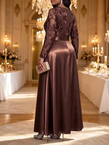 Fleurora Plus Size Elegant Formal Wedding Embroidered Long Sleeve Evening Cocktail Dinner Dress Fall Brown Party Luxury Outfits Christmas New Year - Coffee Brown - View 2