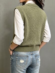 SHEIN 女款純色休閒學院風復古百搭日常穿搭針織背心 鼠尾草綠 辦公室秋季 - 綠色 - 查看 3