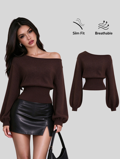 Sweetra Brown Asymmetrical Neck Sexy Waist-Cinching Lantern Sleeve Casual Romantic Commute Fashion Street Versatile Knit Top For Women