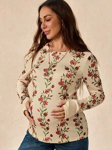 Boho Mama 孕婦花卉印花圓領長袖休閒T恤 - 彩色 - 查看 7