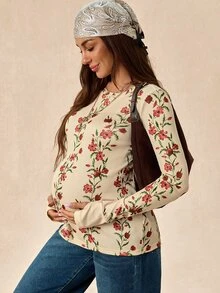 Boho Mama 孕婦花卉印花圓領長袖休閒T恤 - 彩色 - 查看 8