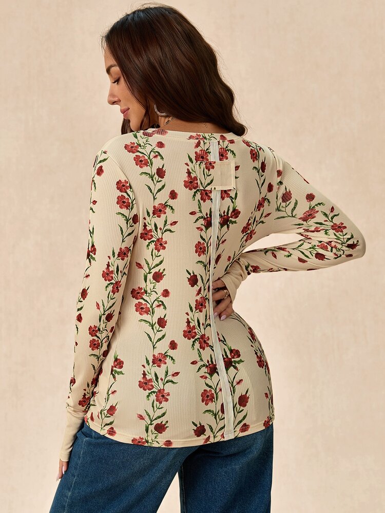 Boho Mama تي شيرت كاجوال للحوامل بطبعة زهرية وياقة دائرية وأكمام طويلة - متعدد الألوان - مشاهدة 5