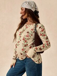 Boho Mama 孕婦花卉印花圓領長袖休閒T恤 - 彩色 - 查看 4