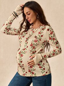Boho Mama 孕婦花卉印花圓領長袖休閒T恤 - 彩色 - 查看 10