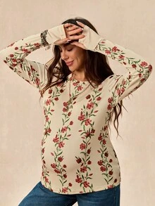 Boho Mama 孕婦花卉印花圓領長袖休閒T恤 - 彩色 - 查看 6