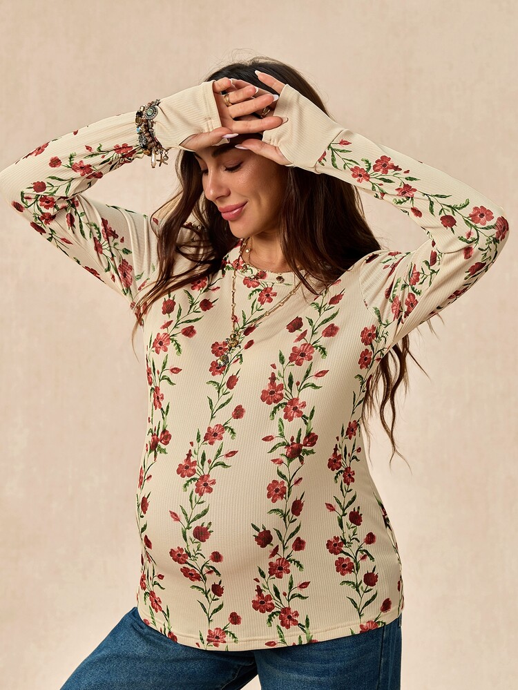 Boho Mama تي شيرت كاجوال للحوامل بطبعة زهرية وياقة دائرية وأكمام طويلة - متعدد الألوان - مشاهدة 6