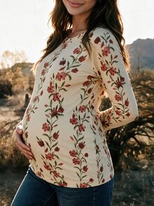 Boho Mama 孕婦花卉印花圓領長袖休閒T恤 - 彩色 - 查看 2