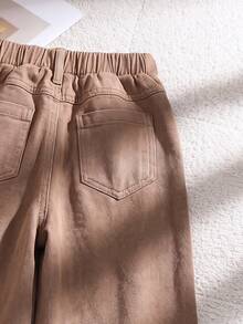 SHEIN 女童幼兒牛仔褲 全季新款 可愛牛仔休閒復古棕色丹寧彈性腰頭 白色馬刺繡設計 寬腿版型 秋季 - 棕色 - 查看 7