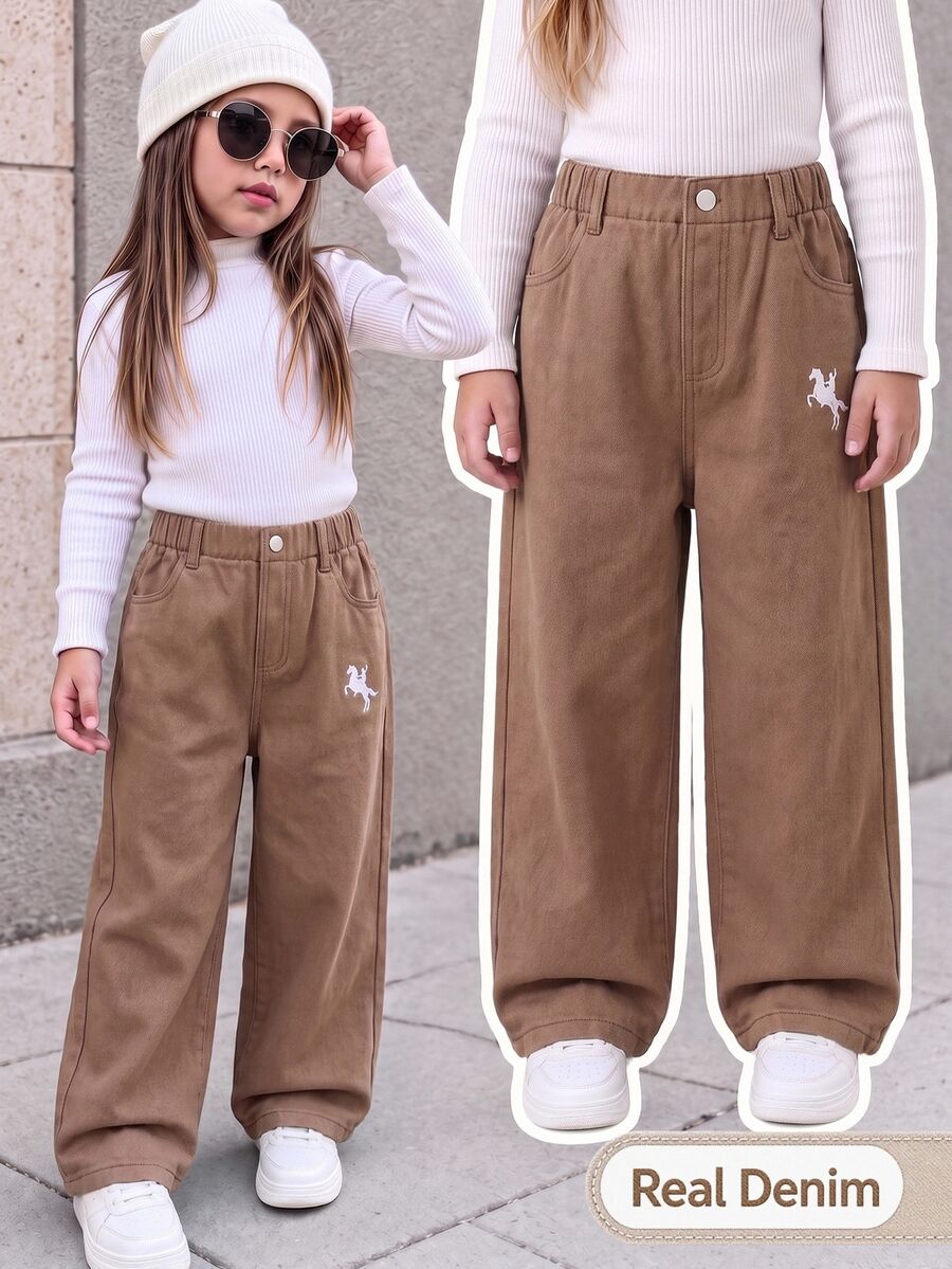 SHEIN 女童幼兒牛仔褲 全季新款 可愛牛仔休閒復古棕色丹寧彈性腰頭 白色馬刺繡設計 寬腿版型 秋季 - 棕色 - 查看 1