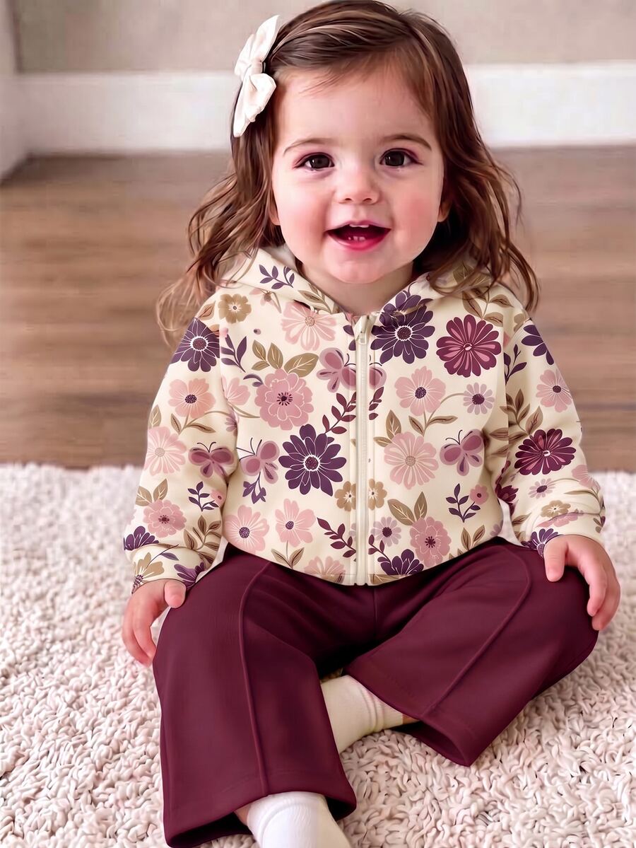 2pcs/Set Baby Girls Yellow Polka Dot Zip-Up Hoodie & Sweatpants Set, Cute Baby Polka Dot Print Hoodie & Long Pants Set - Multicolor - View 1
