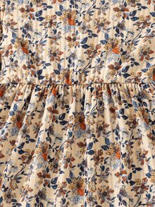 SHEIN 2pcs/Set Girls Toddler Outfit, Sweet Pastoral Style, All-Over Ditsy Floral, Ruffle Shoulder, Bowknot Decor, Long Sleeve Top With Gathered Hem And Solid Color Pants, Soft Textured Fabric, Exquisite Girls Two Pieces Set, Suitable For Daily Wear, Outdoor Activities, Spring And Autumn Versatile Outfit - Brown - View 5