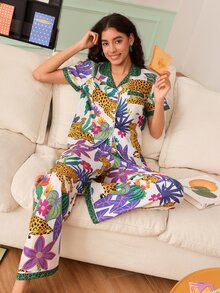 Chillnights 時尚活力趣味豹紋與熱帶植物印花領口鈕扣前襟女款睡衣套裝 - 白色 - 查看 4