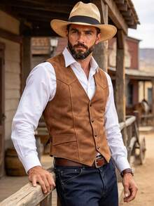DREXORIN Men's Casual Western Cowboy Brown Suedette Vest, Button Retro Waistcoat For Wedding Prom And Everyday - Brown - View 5