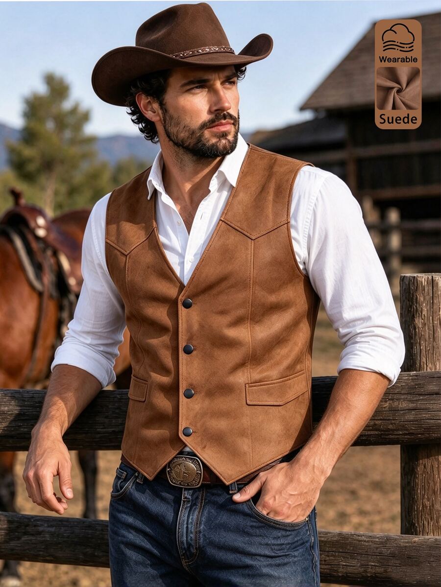 DREXORIN Men's Casual Western Cowboy Brown Suedette Vest, Button Retro Waistcoat For Wedding Prom And Everyday - Brown - View 1
