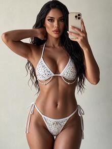 Swim SXY 亮片綁帶露背掛脖三角比基尼泳衣 - 白色 - 查看 3