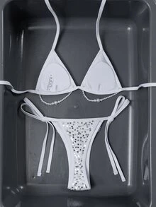 Swim SXY 亮片綁帶露背掛脖三角比基尼泳衣 - 白色 - 查看 4