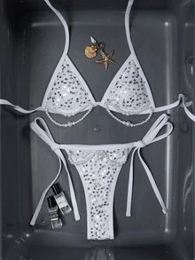 Swim SXY 亮片綁帶露背掛脖三角比基尼泳衣 - 白色 - 查看 5