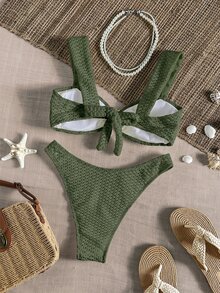 SHEIN Swim 純色布料粗肩帶設計，金屬配件連接細節，優雅度假風女款比基尼套裝 - 綠色 - 查看 2