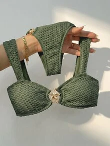 SHEIN Swim 純色布料粗肩帶設計，金屬配件連接細節，優雅度假風女款比基尼套裝 - 綠色 - 查看 1