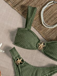 SHEIN Swim 純色布料粗肩帶設計，金屬配件連接細節，優雅度假風女款比基尼套裝 - 綠色 - 查看 8