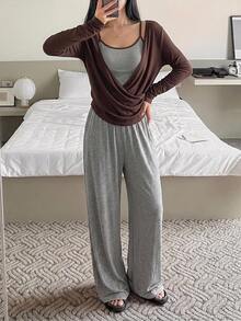 DAZY 3pcs/Set Camisole Top, Long Sleeve T-Shirt, Minimalist Solid Color Straight Leg Long Pajama Pants, 2pcs/Set Women's Sleepwear Set - Coffee Brown - View 6