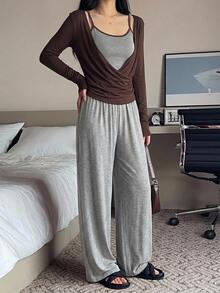 DAZY 3pcs/Set Camisole Top, Long Sleeve T-Shirt, Minimalist Solid Color Straight Leg Long Pajama Pants, 2pcs/Set Women's Sleepwear Set - Coffee Brown - View 5