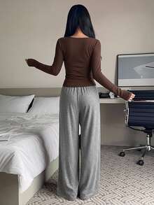 DAZY 3pcs/Set Camisole Top, Long Sleeve T-Shirt, Minimalist Solid Color Straight Leg Long Pajama Pants, 2pcs/Set Women's Sleepwear Set - Coffee Brown - View 2