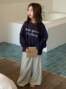Dazy Kids Tween Girl Casual Straight Leg T-Shirt Top + Straight Leg Casual Pants Striped Minimalist Basic Style Autumn/Winter 2 Pieces Set Loungewear - Navy Blue - View 7