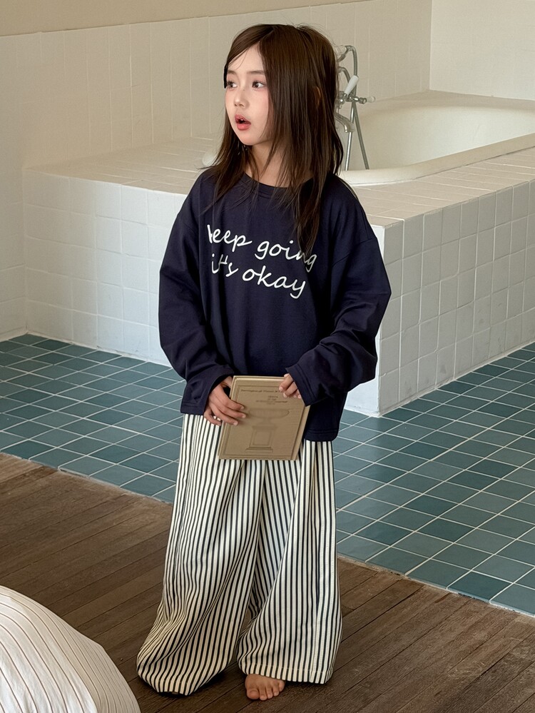 Dazy Kids Tween Girl Casual Straight Leg T-Shirt Top + Straight Leg Casual Pants Striped Minimalist Basic Style Autumn/Winter 2 Pieces Set Loungewear - Navy Blue - View 7