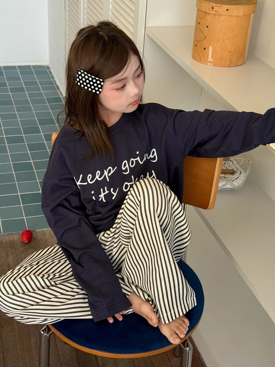 Dazy Kids Tween Girl Casual Straight Leg T-Shirt Top + Straight Leg Casual Pants Striped Minimalist Basic Style Autumn/Winter 2 Pieces Set Loungewear - Navy Blue - View 1