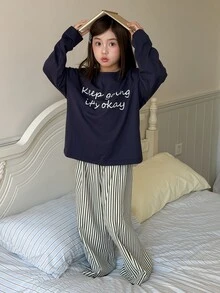 Dazy Kids Tween Girl Casual Straight Leg T-Shirt Top + Straight Leg Casual Pants Striped Minimalist Basic Style Autumn/Winter 2 Pieces Set Loungewear - Navy Blue - View 4